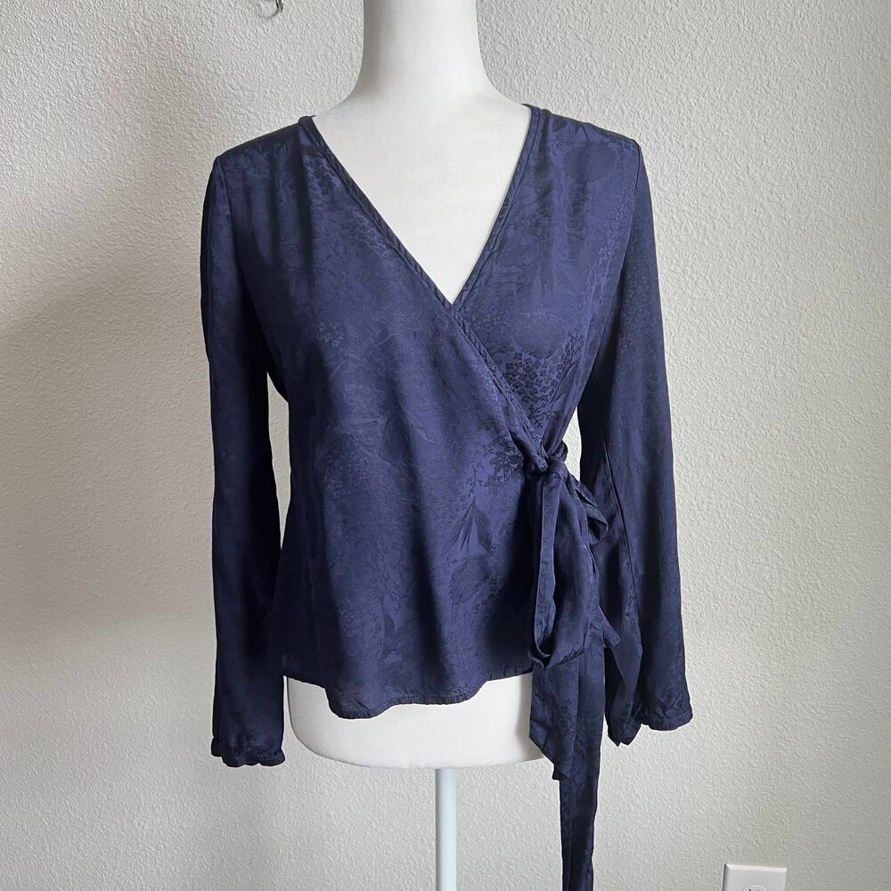 Hinge Dark Purple Floral Wrap Top Women's S Long Sleeve Modest Formal